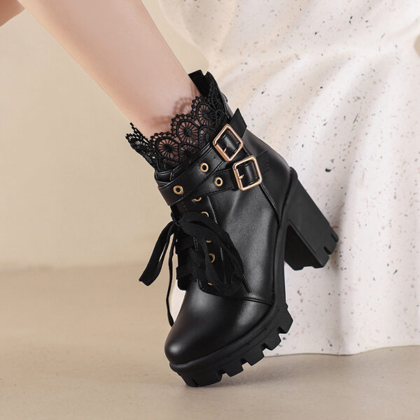 Women's Retro Lace Up Belt Buckle Boots - Image 2