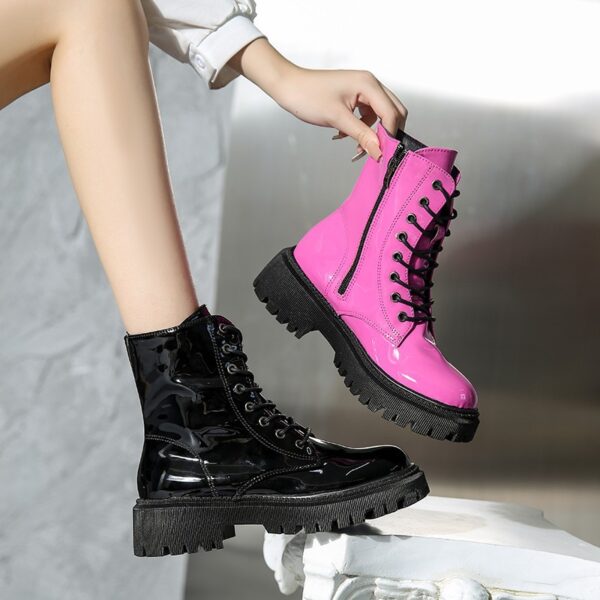 Patent Leather Mid Heel Round Toe Short Motorcycle Boots