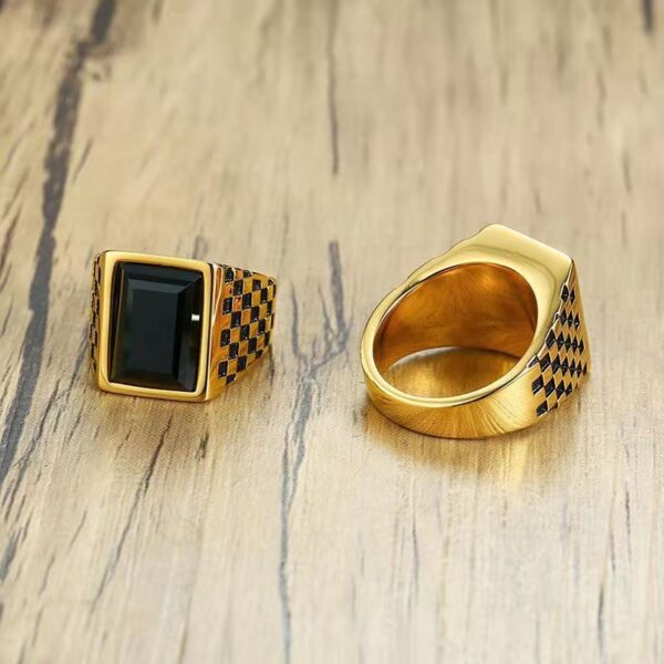 Men's Copper Checkerboard Grid Dyed Black Blue Glass Stone Ring - Image 3