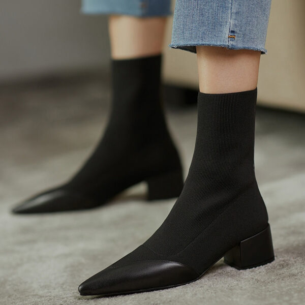 Woolen Yarn Pointed Chunky Heel Short Boots - Image 6