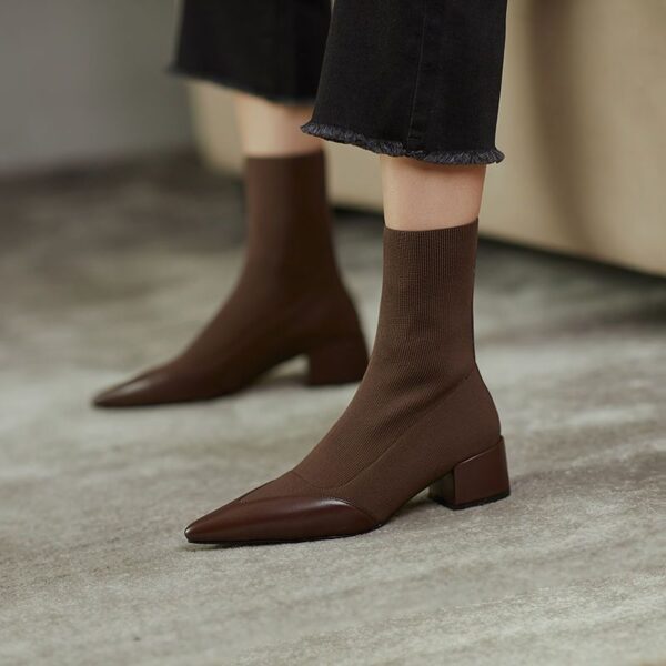 Woolen Yarn Pointed Chunky Heel Short Boots