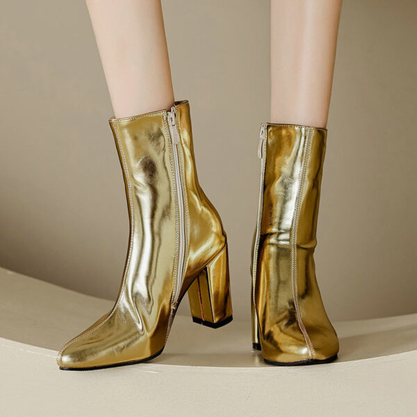 Pointed Toe Thick Heel Golden And Silver Side Zipper Boots