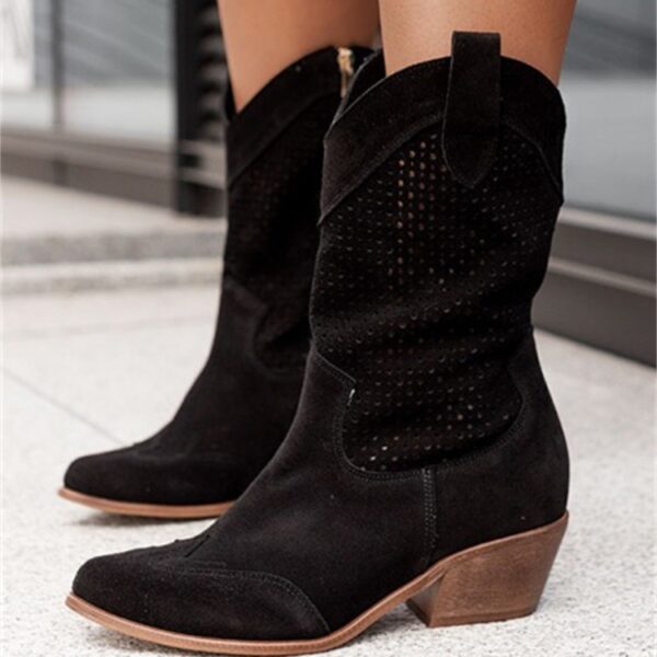 Women's Mid-heel Burnt-out Suede Low-cut Boots - Image 2