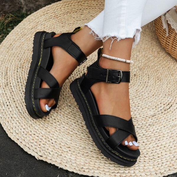 Women's Thick-soled Cross-strap Solid Color Buckle Hollow-out Roman Style Sandals