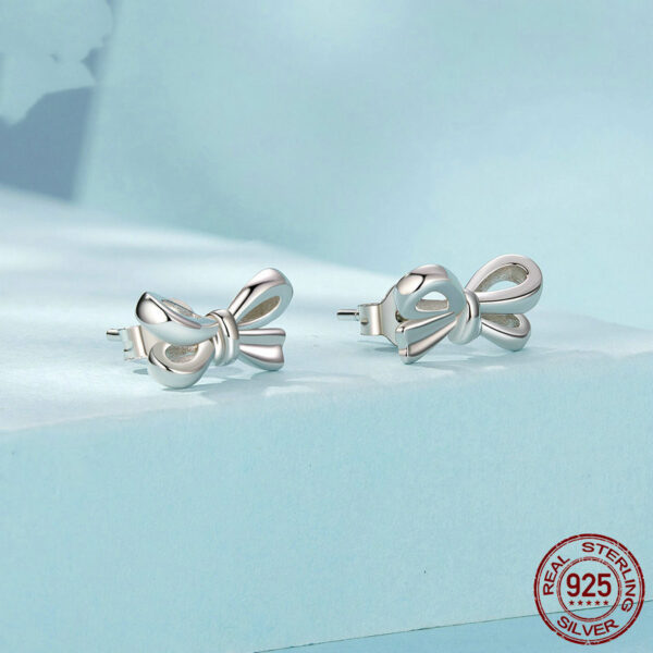 Simple Sterling Silver Heart Bow Stud Earrings - Image 2