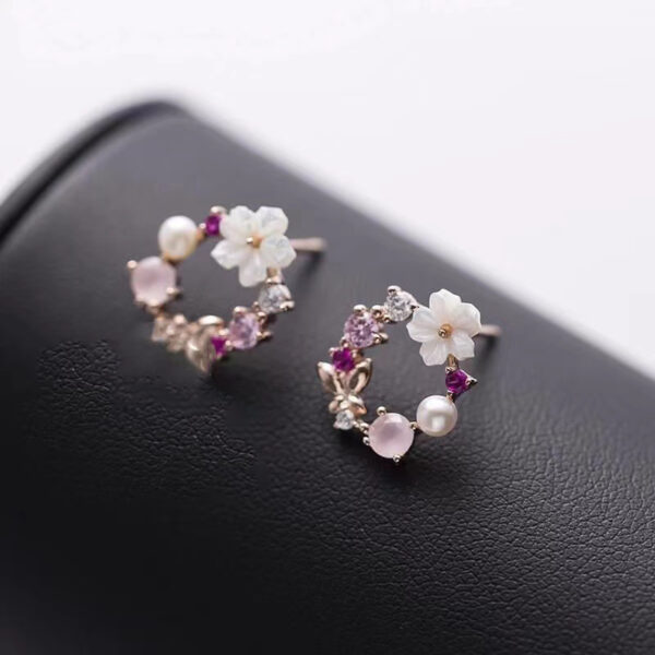 Sterling Korean And Japanese Style Silver Fresh Pink Garland Stud Earrings