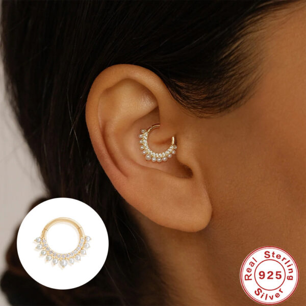 Sterling Silver Double Row Rhinestone Pearl Ear Bone Studs - Image 4