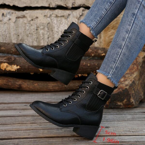 Women's Autumn And Winter Platform Wedge Pointed Toe Lace Up Casual Black British Ankle Boots - Image 3