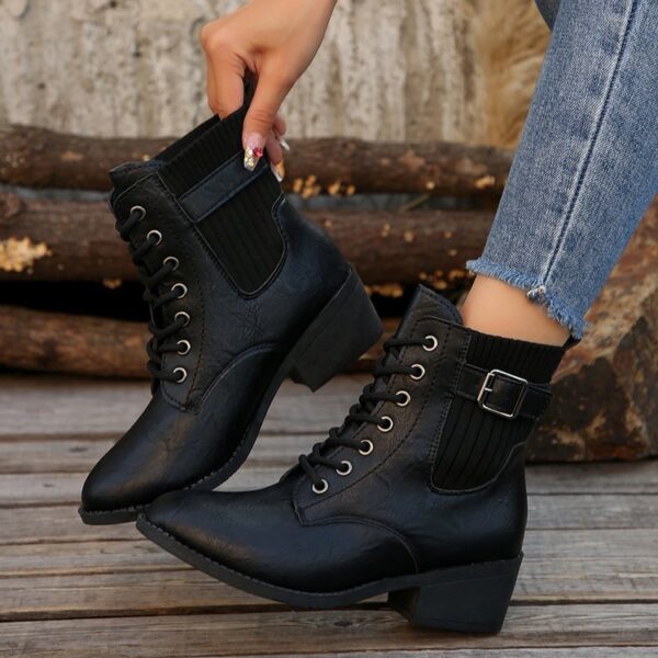 Women's Autumn And Winter Platform Wedge Pointed Toe Lace Up Casual Black British Ankle Boots - Image 6